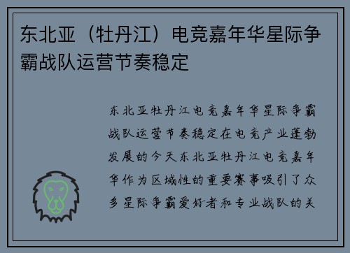 东北亚（牡丹江）电竞嘉年华星际争霸战队运营节奏稳定