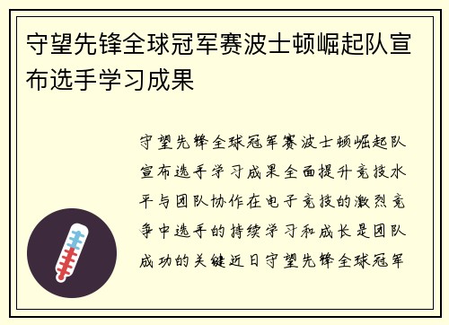 守望先锋全球冠军赛波士顿崛起队宣布选手学习成果